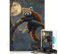 Red Panda Moon Tree Night Jigsaw Puzzles 1000 Pieces for Adults Memory Gain Anxiety Relief Design Assembly Artistic Gift (38x26cm)