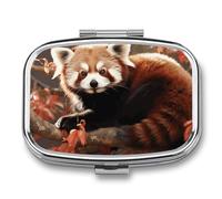 Red Panda Pill Box, 2 Compartment Medicine Pill Case, Portable Pill Organizer for Pocket Or Purse Decorative Metal Medicine Vitamin Organizer
