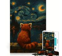 Red Panda Starry Night Painting Jigsaw Puzzles 1000 Pieces for Teenagers Raise Memory Easy Leisure Clean Edge Xmas Surprise (38x52cm)