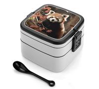 Red Pandas Bento Box with Spoon & Handle - 2 Compartment Leak-Proof Stackable Lunch Box for Adults, BPA-Free Reusable Food Containers for Work, Travel, Picnic