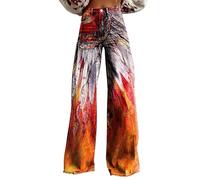Red Pants Women's Blue Flower Print Casual Wide Leg Pants Black Jeans (A-3-Orange, S)