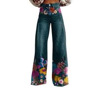 Red Pants Women's Retro Floral Print Printed Casual Wide Leg Pants Black Jeans (A-10-Navy, XL)