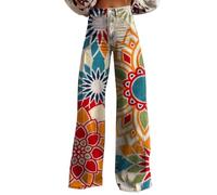 Red Pants Women's Retro Floral Print Printed Casual Wide Leg Pants Black Jeans (A-10-Orange, S)
