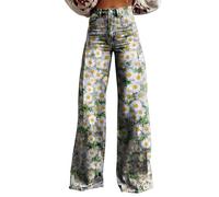 Red Pants Women's Vintage Flower Print Casual Wide Leg Pants Black Jeans (A-5-Green, L)