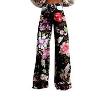 Red Pants Women's Wide Leg Pant Vintage Floral Print High Waisted Straight Stretch Pants with Pockets Black Jeans (A-2-Black, S)