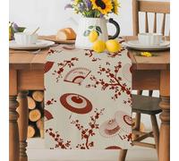Red Paper Fan Table Runner 13x70 Inches Long Cherry Blossom Branch Japanese Style Brown Cotton Linen Table Runner Burlap Style for Dinner Table Party Decor Tabletop Decorations