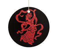 Red Papercut Dancer Double-Sided Ceramic Christmas Ornaments - Round Hanging Mini Xmas Tree Decorations, Ideas for Farmers, Rustic Home Decor for Indoor Outdoor Tree Decor