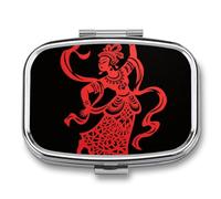 Red Papercut Dancer Pill Box 2 Compartment Square Metal Pill Organizer Portable Mini Travel Medicine Case with Mirror Cute Medicine Container Holder for Pocket Purse