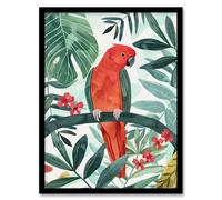 Red Parakeet Bird in Tropical Jungle Watercolour Framed Wall Art Artery8 Green A4