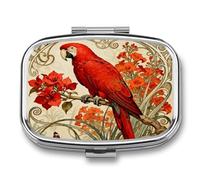 Red Parrot Pill Box 2 Compartments Portable Travel Pill Case Mini Medicine Organizer for Pocket Purse Metal Waterproof Medicine Container Holder Vitamin Fish Oil