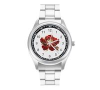 Red Peony Flower with Golden Outline Simple Stainless Watch Fashion Designer Wristwatch Easy Reader Analog Watches Gifts for Men