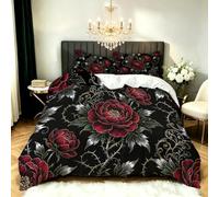 Red Peony Super King Size Duvet Cover Sets Thorn Vines Bedding Set 3D Print Soft Microfiber Quilt Covers 260x220 cm with Zipper Closure and 2 Pillowcases 50x75 cm for Adults N.718