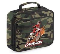 Red Personalised Dirtbike Lunch Bag for Kids Off Road Motorbike Back to School Nursery Lunchbox, 24cm x 20cm x 8cm, Camo