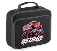 Red Personalised Monster Truck Lunch Bag for Kids Off Road Giant Trucks Back to School Nursery Lunchbox, 24cm x 20cm x 8cm, Black