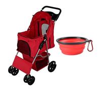 Red Pet Stroller Pushchair for Cats & Dogs Folding Travel Buggy 15kg Capacity 4 Wheels Brakes Canopy Basket Cup Holder Rain Cover Plus Collapsible Food & Water Bowl Bundle