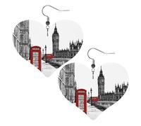 Red Phone Booth London Street Double-Sided Faux Leather Large Dangle Earrings for Women Heart-Shape Lightweight Spring Winter Decorative Earrings for Holiday Concert Party Decor Gifts