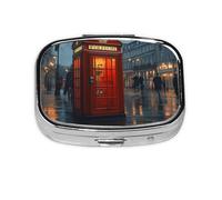 Red Phone Booth London Street Mini Pill Box Metal Travel Medicine Organizer with 2 Compartments Pocket-Sized Pill Container
