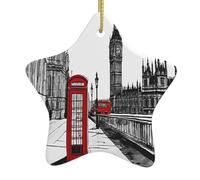 Red Phone Booth London Street -Print Christmas Ceramic Star Ornaments - Handmade Ceramic Holiday Decor With Gold String For Tree Home Festival.