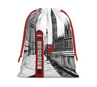 Red Phone Booth London Street -Print Drawstring Gifts Bags S Size - Soft Flannel Fabric Reusable For Wedding Party Favors Gifts Packaging