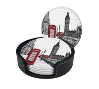 Red Phone Booth London Street Print Leather Coasters for Drinks Drink Coasters Set Cup Mat with Holder for for Hot Or Cold Drinks Set of 6
