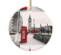 Red Phone Booth London Street Print Personalized Christmas Decorations,Round Ceramic Decorations,Home Decoration Pendants