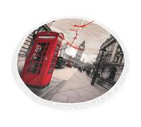 Red Phone Booth London Street Printed 48 inch Christmas Tree Skirt with Fringe Edge for Holiday Decorations