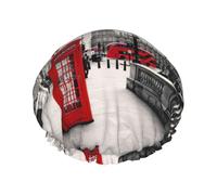 Red Phone Booth London Street Printed Bathing Hats, Dual Layer Reusable Headgear, Large Hair Cover For Daily Skin Care
