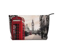Red Phone Booth London Street Printed Corduroy Makeup Bag for Women Cute Make up Bag Travel Cosmetic Bag with Wristlet