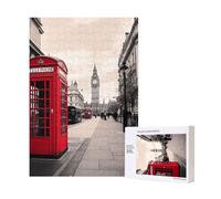 Red Phone Booth London Street Printed Jigsaw Puzzle with Storage Box, Wooden Puzzle for Adults and Kids, 300 Pieces Family Fun Decorative Game