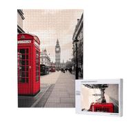 Red Phone Booth London Street Printed Jigsaw Puzzle with Storage Box, Wooden Puzzle for Adults and Kids, 1000 Pieces Family Fun Decorative Game