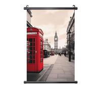 Red Phone Booth London Street Printed PVC Black Scroll Wall Art 40x60 CM Easy-Hang & Fade-Resistant Wall Hanging for Home, Office Decor & Gifting
