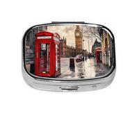 Red Phone Booth London Street Printed Square Pill Organizer with 2 Compartments, Portable Mini Pill Box Pill Case for Medicine, Vitamin, Fish Oil, Supplements