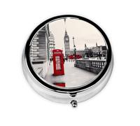Red Phone Booth London Street This Small, Round, Three-Compartment Travel Pill Box is Perfect for Storing Daily medications, Vitamins, and on-The-go.