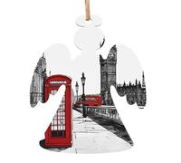 Red Phone Booth London Street Wooden Christmas Ornament Angel Shape Personalized Hanging Ornament Pendant Decoration for Xmas Tree Holiday Party Home Farmhouse Decor 2 PCS