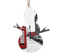 Red Phone Booth London Street Wooden Christmas Ornament Snowman Shape Personalized Hanging Ornament Pendant Decoration for Xmas Tree Holiday Party Home Farmhouse Decor 2 PCS