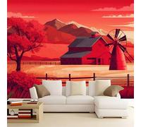 Red Photo Wallpaper 250 x 175 cm, Non-Woven Premium Art Print Fleece Wall Mural, Country Style Barn Windmill Animals for Living Room Kitchen Interior Bedroom Accessories
