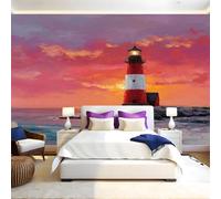 Red Photo Wallpaper 3D Effect Watercolor Beach Lighthouse Mural Wallpaper Non-Woven Wall Mural, 350 x 256 cm Large Murals Wall Decor for Bedroom, Living Room, Kids Room