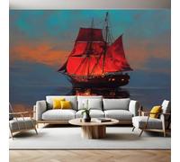 Red Photo Wallpaper Sailing Boat on The sea Wall Mural Non-Woven Art Print 250 x 180cm Wallpaper Mural Photo Kids Bedroom Office Living Room Home Poster Decoration