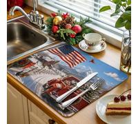 Red Pickup Truck Kitchen Drying Mat 1 Pack, Winter Christmas Tree Flag Mountain Peak Country Absorbent Dish Drying Mat Drying Pad Drainer for Kitchen Counter Sink 16 X 18 Inch, Machine Washable