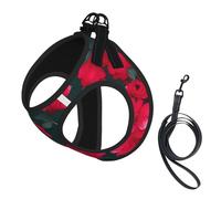 Red Pink Flower Print Small Dog Harness with Leash Set, No Escape Easy Walk Puppy Harnesses for Training Walking