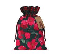 Red Pink Flower Printed Reusable Gift Bags - Christmas Drawstring Pouches for Xmas, Birthday, Wedding, Holidays