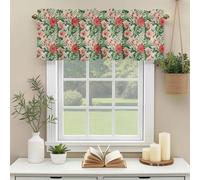 Red Pink Flower Valances for Windows, Rustic Red Pink Hibiscus Floral Botanical Green Palm Leaf Rod Pocket Valance Short Window Treatments Curtains for Kitchen Bathroom Bedroom Decor, 60 x 14 Inches