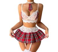 red, pink, green, plaid skirt, student dress up set, lace 5 piece set, Valentine's Day, wedding anniversary, honeymoon boudoir outfit (Red, XXL)