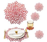 Red Placemats Table Mats Set of 8 Red Charger Plates Place Mats & 8 Pcs Coasters Modern Holiday Wipeable Round Vinyl Placemats Kitchen Farmhouse Christmas Wedding Dinner Dining Table Decor Setting