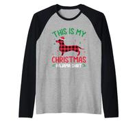 Red Plaid Ugly This is My Dachshund Dog Christmas Pajama Raglan Baseball Tee