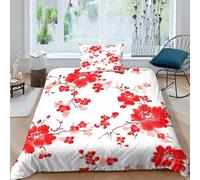 Red Plum Blossom Branch King Size Duvet Cover Sets New Chinese Style Bedding Set 3D Print Soft Microfiber Quilt Covers 230x220 cm with Zipper Closure and 2 Pillowcases 50x75 cm for Adults L.5485