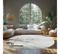Red Plum Blossom Round Rug 100cm（Round） Chinese Ink Wash Painting Lake Boat Flying Bird Misty Mountains Non-slip Carpet for Living Room Bedroom