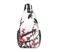 Red Plum Blossom Sling Bag Crossbody Backpack,Flower Blossom Bloom Trees Branch Koi Fish Asian Style Tradition Artwork Chest Bag Adjustable Shoulder Backpack Travel Hiking Casual Daypack For Men Women