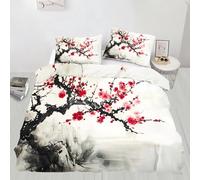 Red Plum Blossoms Duvet Cover Set 3 PCS Ink Painting Quilt Cover Bedding Set Eastern Aesthetics Bed Covers with Pillowcases with Zipper Closure Ultra Soft Microfiber with 2 Pillow Shams,King Size