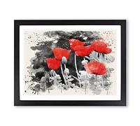 Red PModern OPpy Field Flowers No.7 Modern FC Framed Print | A3 Black Framed Wall Art | Ready to Hang | Modern Floral Picture | Living Room Bedroom Lounge Office